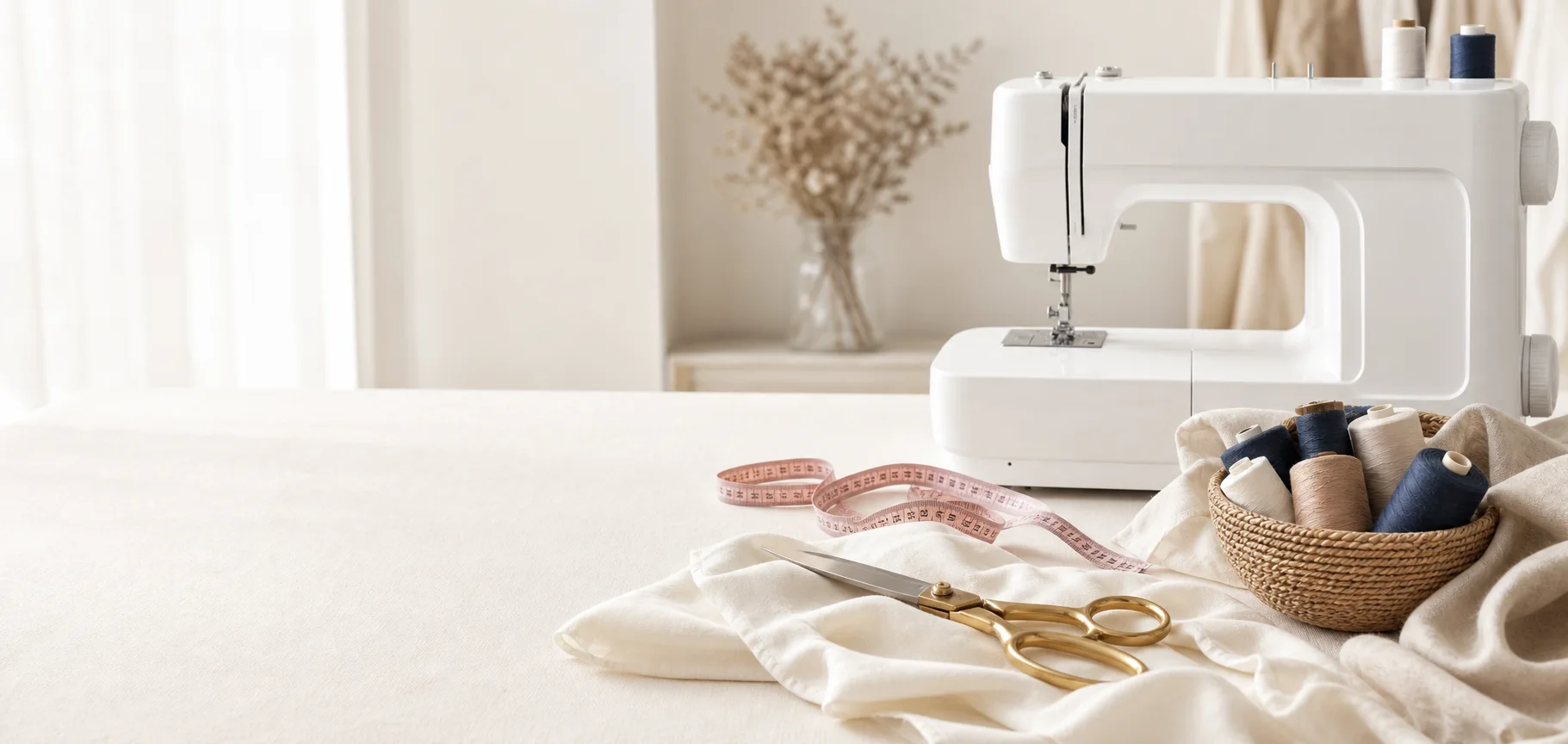 Atelier lumineux avec machine à coudre et bobines de fil